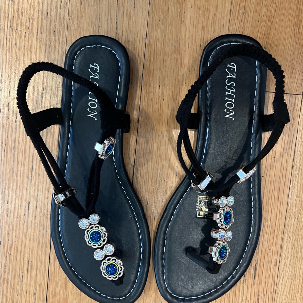 Black Aqua Jeweled Sandals